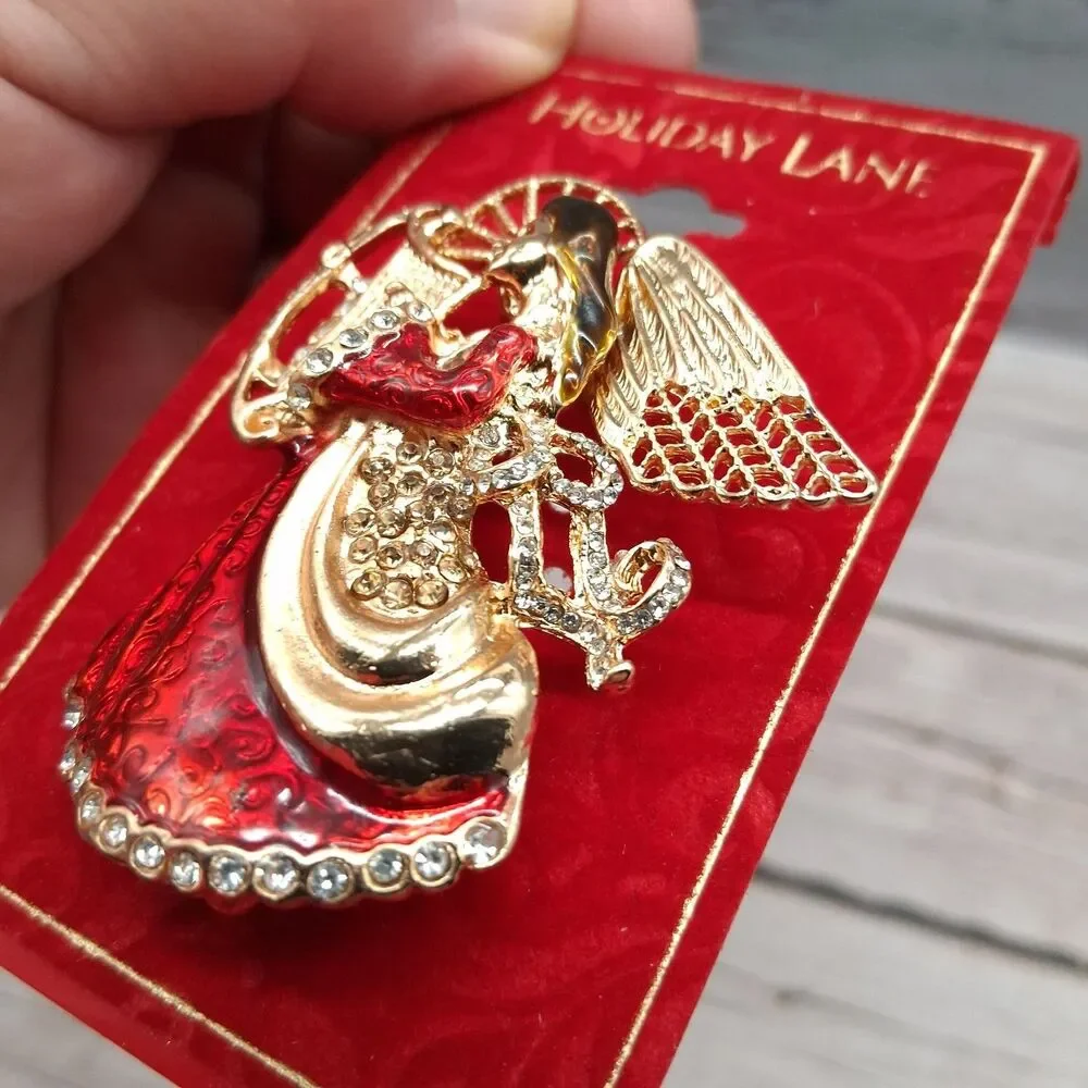Holiday Lane Christmas Angel brooch Red Enamel Gold-Tone Lapel Pin